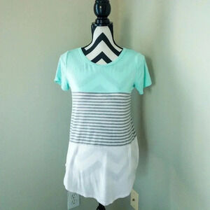 Small Teal And Grey Striped Shortsleeve Shirt